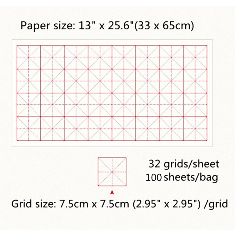 MEGREZ Chinese Calligraphy Xuan Paper Brush Writing Sumi Paper Xuan Paper Rice Paper with Grids for Students, Beginners Practice Kanji Japanese Calligraphy, 100 Sheets/Pack, 7.5cm/Grid - Image 2